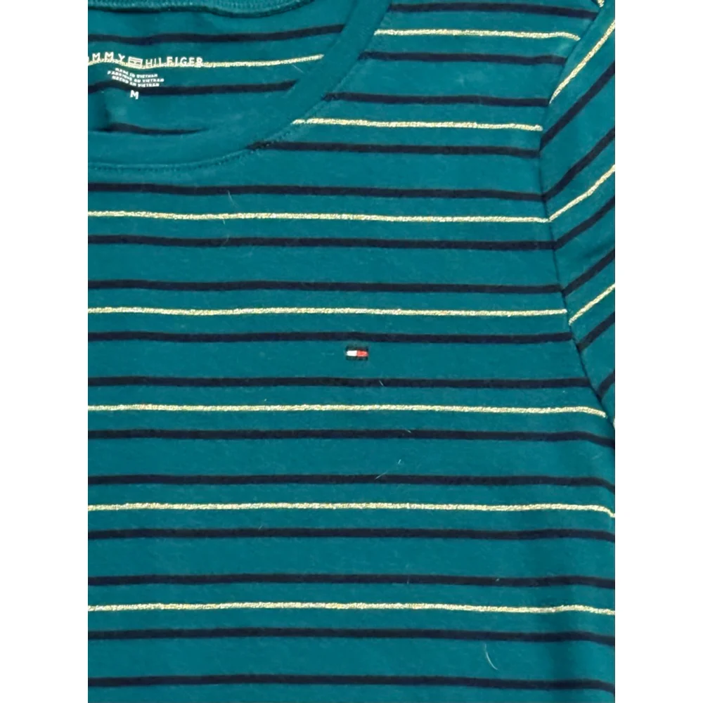 Tommy Hilfiger Women’s Striped T-Shirt Size M Green/Gold Short Sleeve Logo Tee - Picture 6 of 7